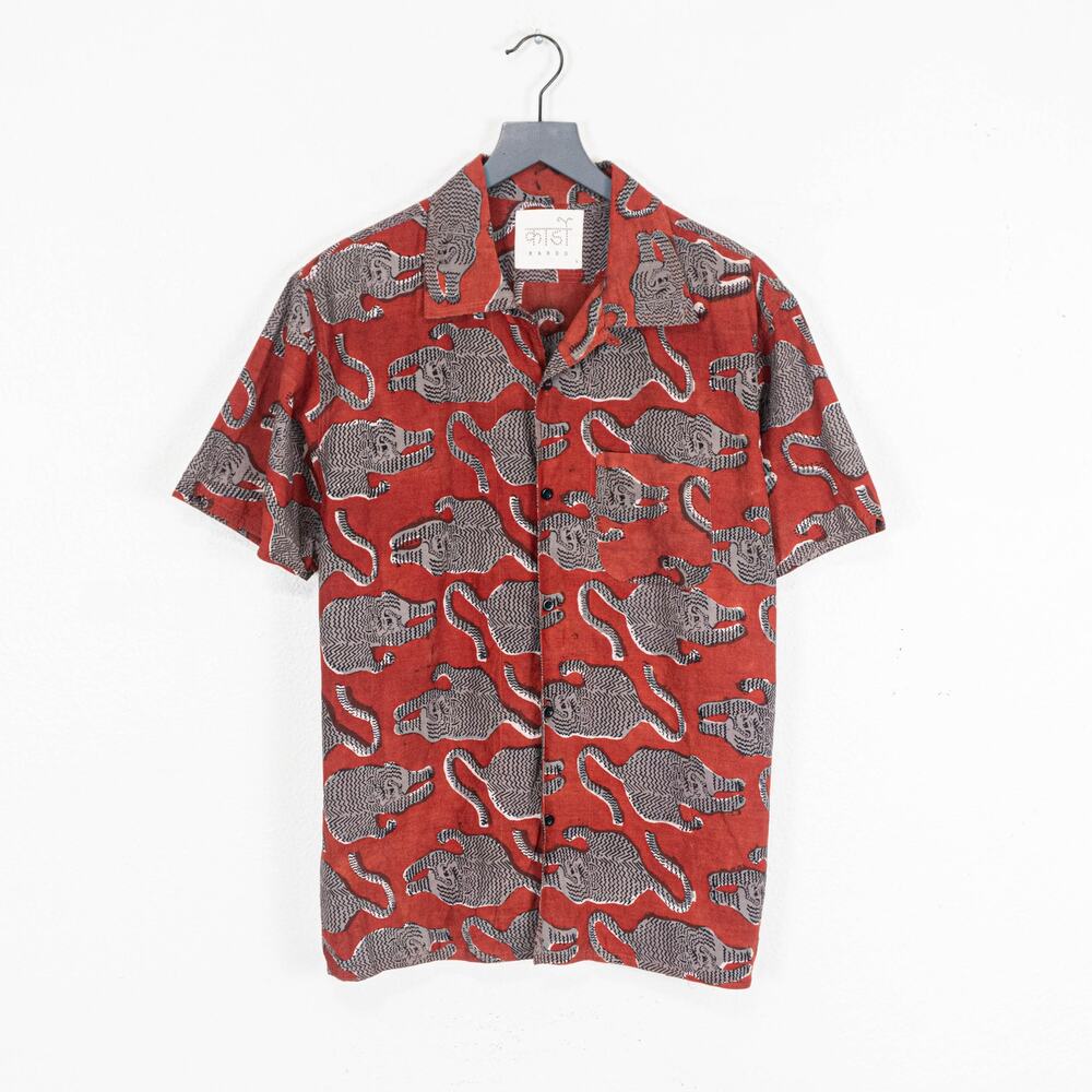 KARDO Artist Chintan Tiger Print Camp Shirt Short Sleeve Red size Large